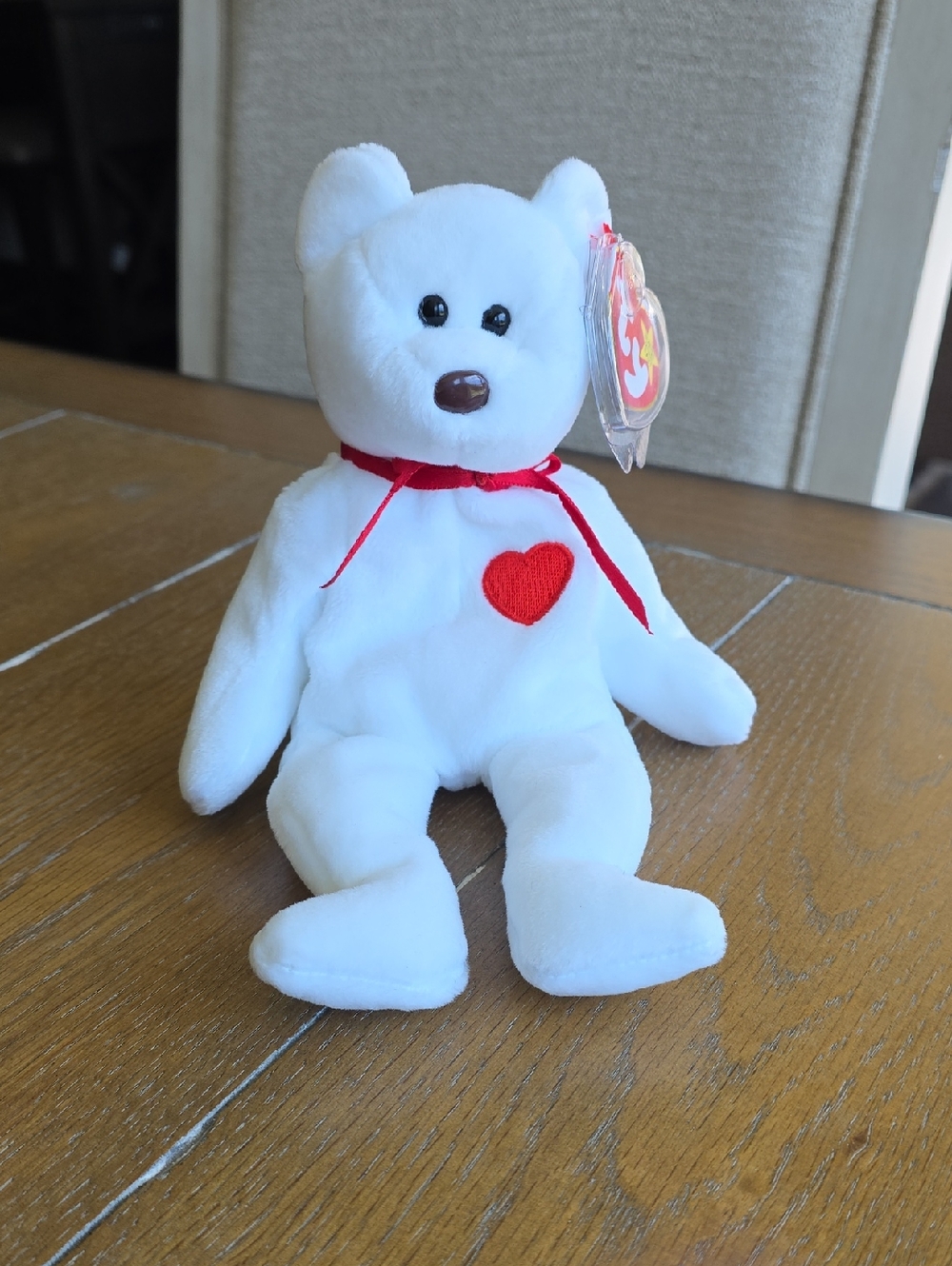 Ty White Plush Bear with Red Heart and Ribbon